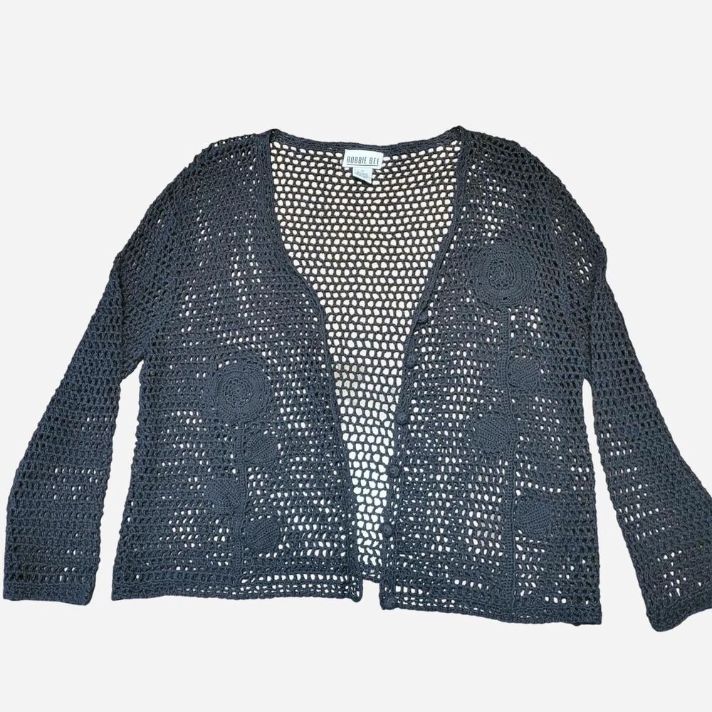 VTG 90s Y2K Robbie Bee Black Open Knit Crochet Floral Cardigan Whimsigoth Fairy